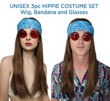 ALLAURA Compatible with Janis Joplin Wig – 3pc Long Brown Hippie Wig Costume Set with Bandana & Glasses – 60s 70s Unisex Hippy Look for Men & Women, Retro Festival Style, Halloween, Music Icon Cosplay