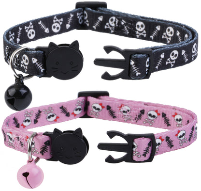 BoomBone Skull Cat Collar Breakaway with Bell,Pack of 2 Safe Halloween Puppy Collars