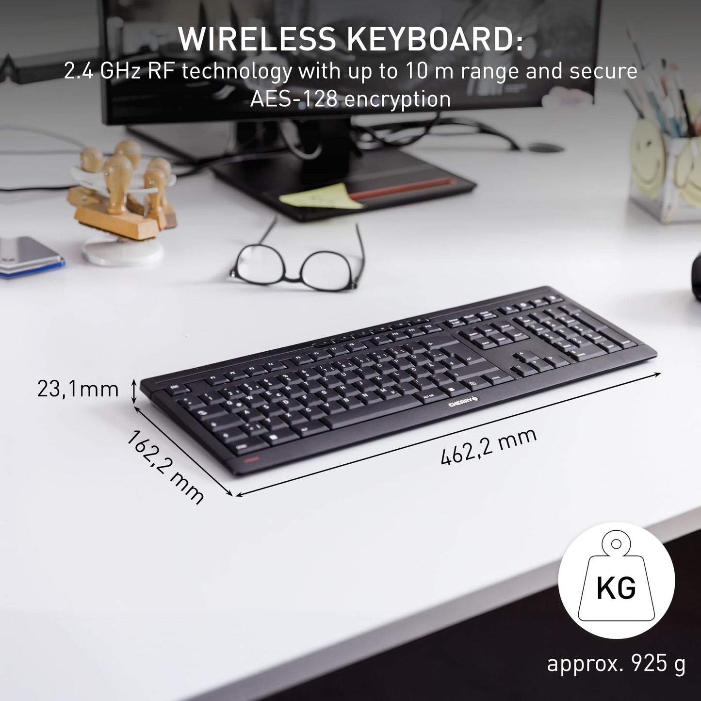 CHERRY STREAM KEYBOARD WIRELESS, Cordless Keyboard, UK Layout (QWERTY), 2.4 GHz RF, Quiet Keys, Flat Design, Battery-Operated, Black
