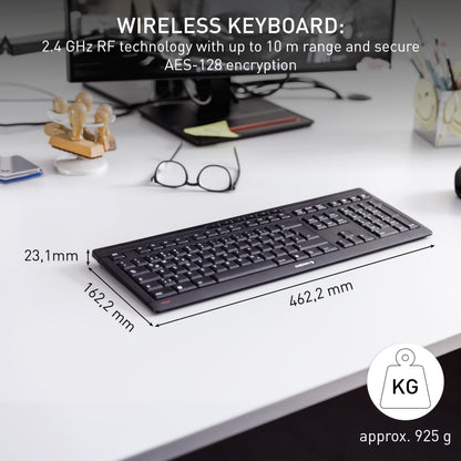 CHERRY STREAM KEYBOARD WIRELESS, Cordless Keyboard, UK Layout (QWERTY), 2.4 GHz RF, Quiet Keys, Flat Design, Battery-Operated, Black