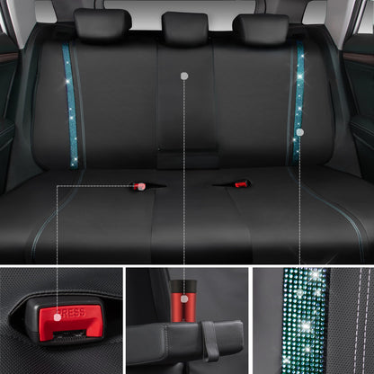 CAR PASS Bling Car Seat Covers Full Set, Shining Rhinestone Diamond Waterproof Faux Leather Universal Fit 95% Automotive Glitter Crystal Sparkle Strips for Cute Women Girl, Full Set (Mint Diamond)