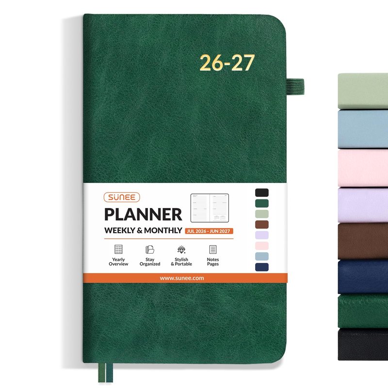 SUNEE 2026 Weekly & Monthly Hardcover Planner 5.5" x 8.3" - 12 Month (January 2026 - December 2026), Small Hardcover Planner, Pocket, Notes, 100 GSM Paper, Deep Green