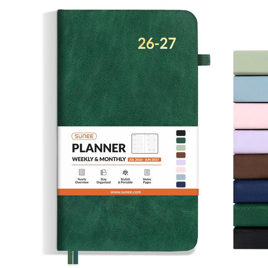 SUNEE 2026 Weekly & Monthly Hardcover Planner 5.5" x 8.3" - 12 Month (January 2026 - December 2026), Small Hardcover Planner, Pocket, Notes, 100 GSM Paper, Deep Green