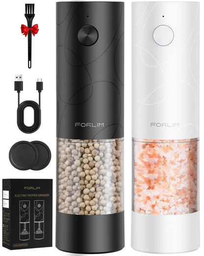 FORLIM Electric Salt and Pepper Grinder Set, USB Rechargeable, Automatic Salt Pepper Mill Grinder with Dust Cover, One-Button Control, Adjustable Coarseness, White LED Light (2 Packs, Black&White)