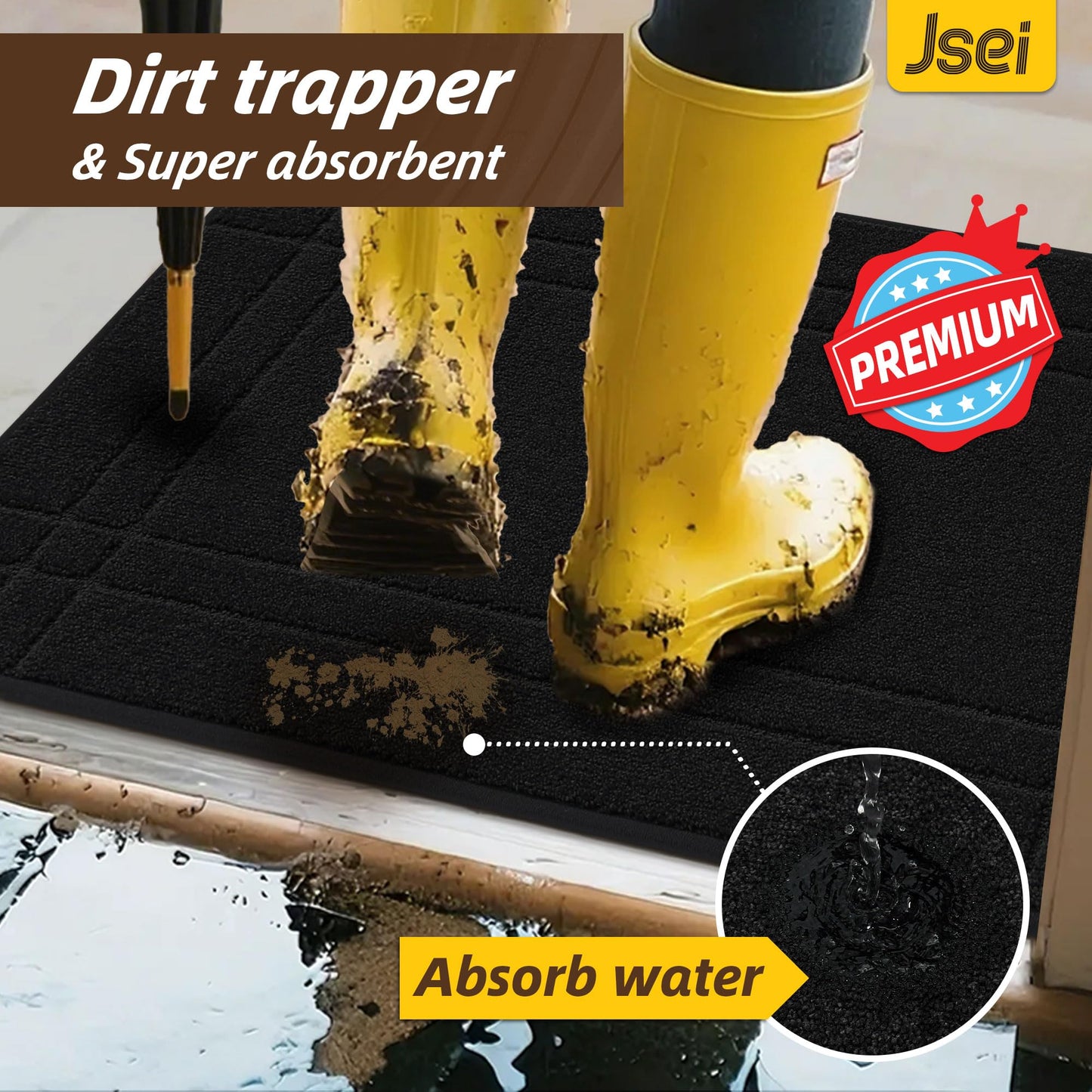 JSEI Door Mat for Entrance, Washable Low Profile Doormat for Front Door & Back Door, Absorbent Entryway Rugs with TPR Non-Slip Backing for Wet Shoes & Dirty Paws, 24" x 36", Black
