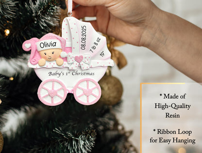 UniqXmas Personalized Baby's First Christmas Ornament 2025 | Baby Girl Carriage Xmas Tree Decoration Pink Stroller | My 1st Xmas Keepsake for New Baby Newborn Grandbaby - Custom Name & Year