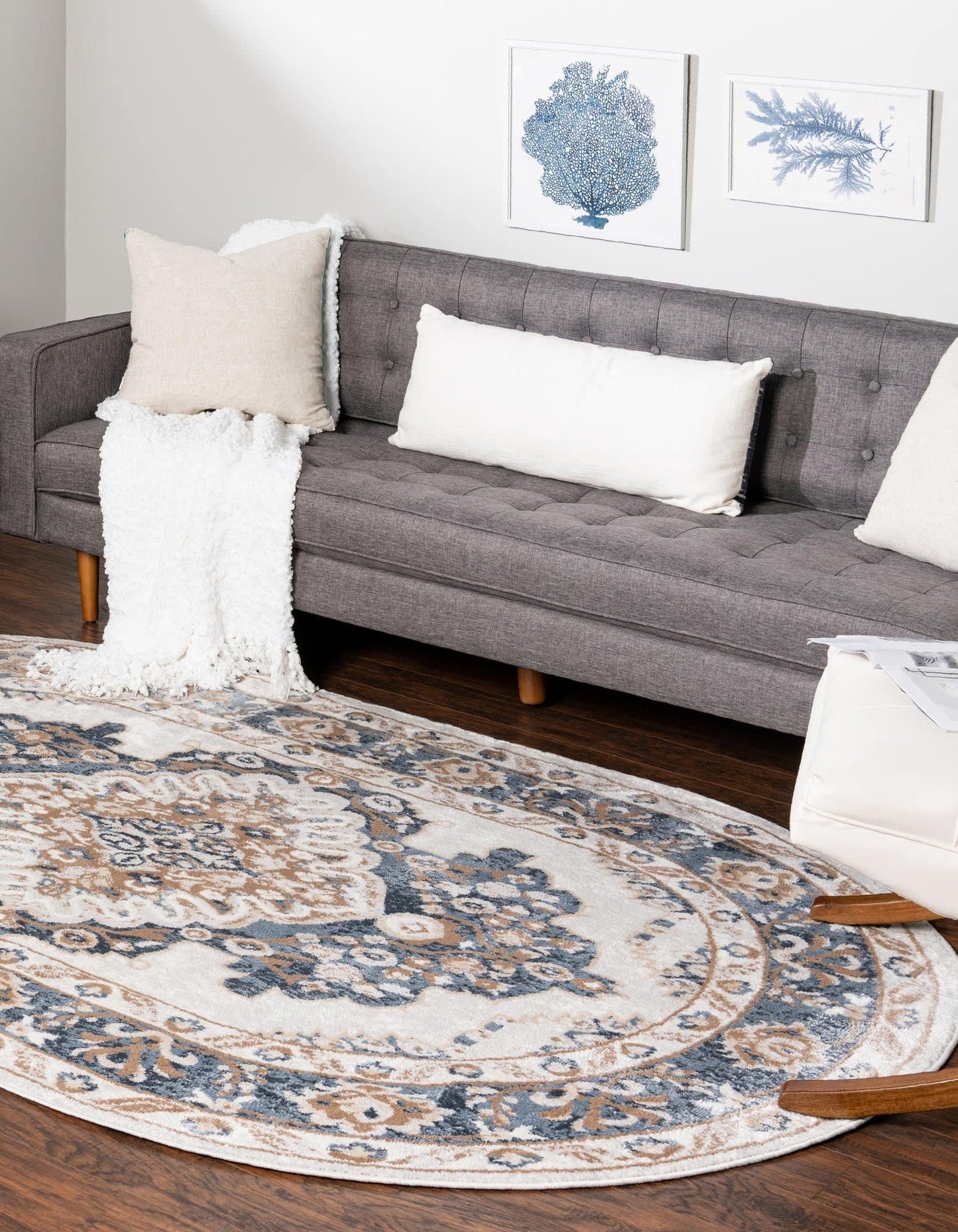 Unique Loom Oxford Collection Area Rug - Bodleian (4' x 6' Oval Cream/Blue)