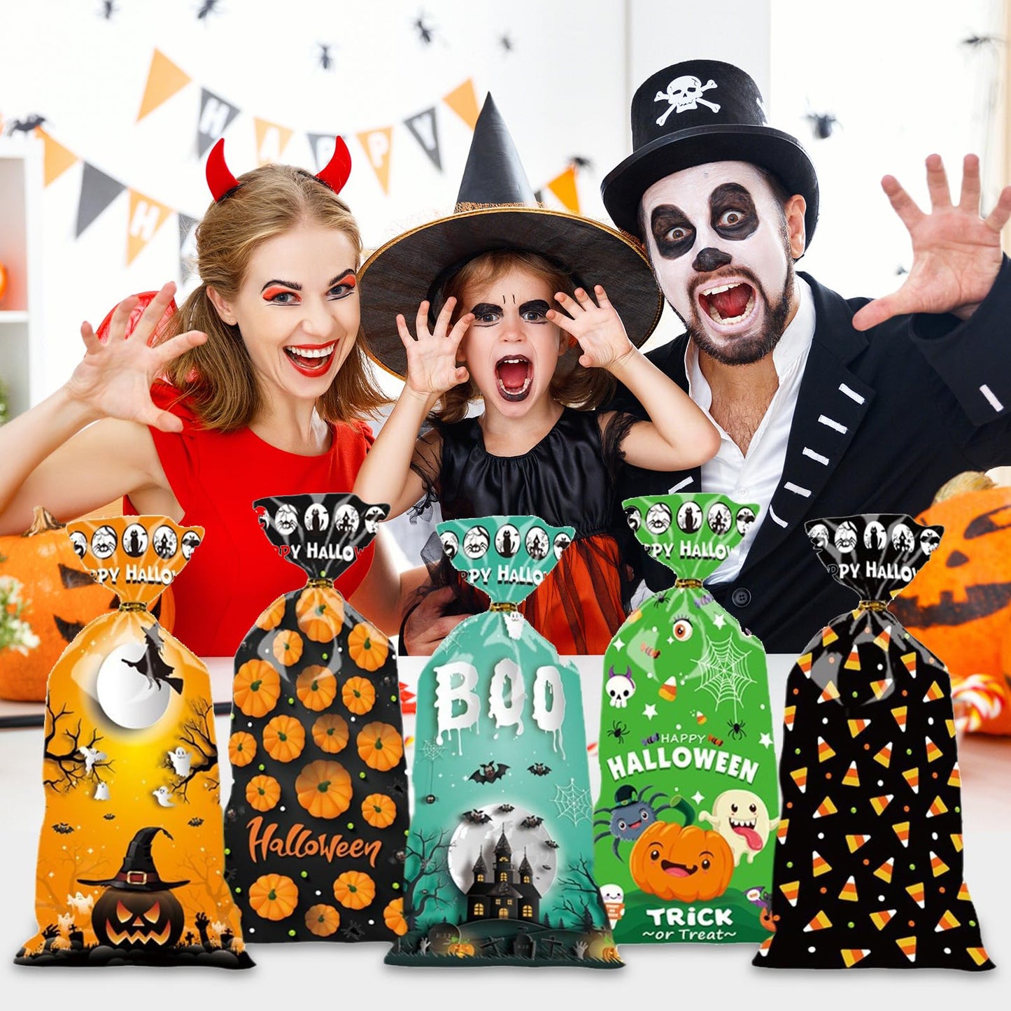Halloween Treat Bags | 50 pcs (4.9” x 10.8” Inch) | Cellophane Candy Bags with Fun Scary Designs | Pumpkins, Witches Cello Bags | Halloween Party Decorations, Spooky Treat Bags