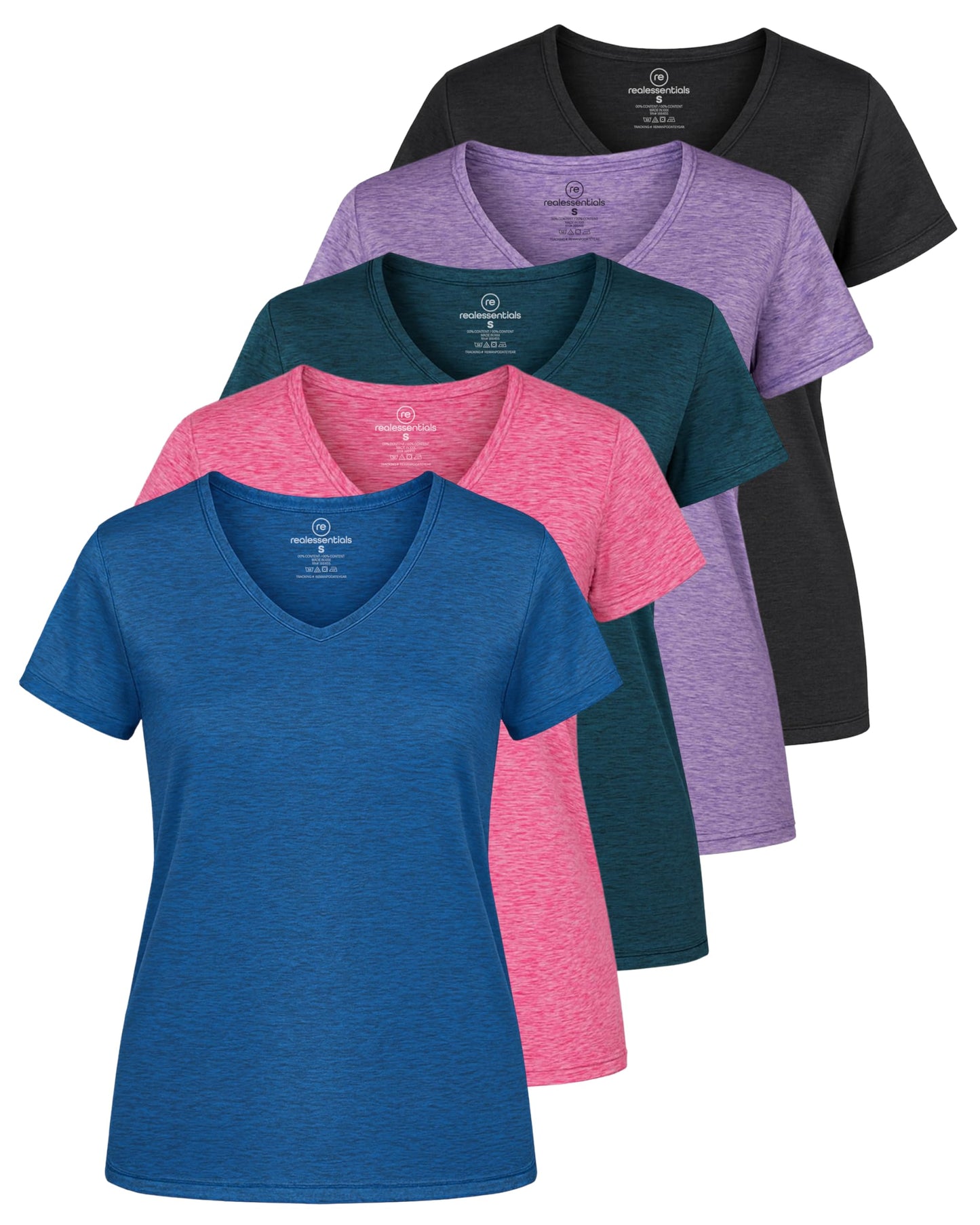 Real Essentials 5 Pack: Women's Dry-Fit Short Sleeve V Neck T Shirt Workout Fitness Yoga Top Tee, Set 7, L