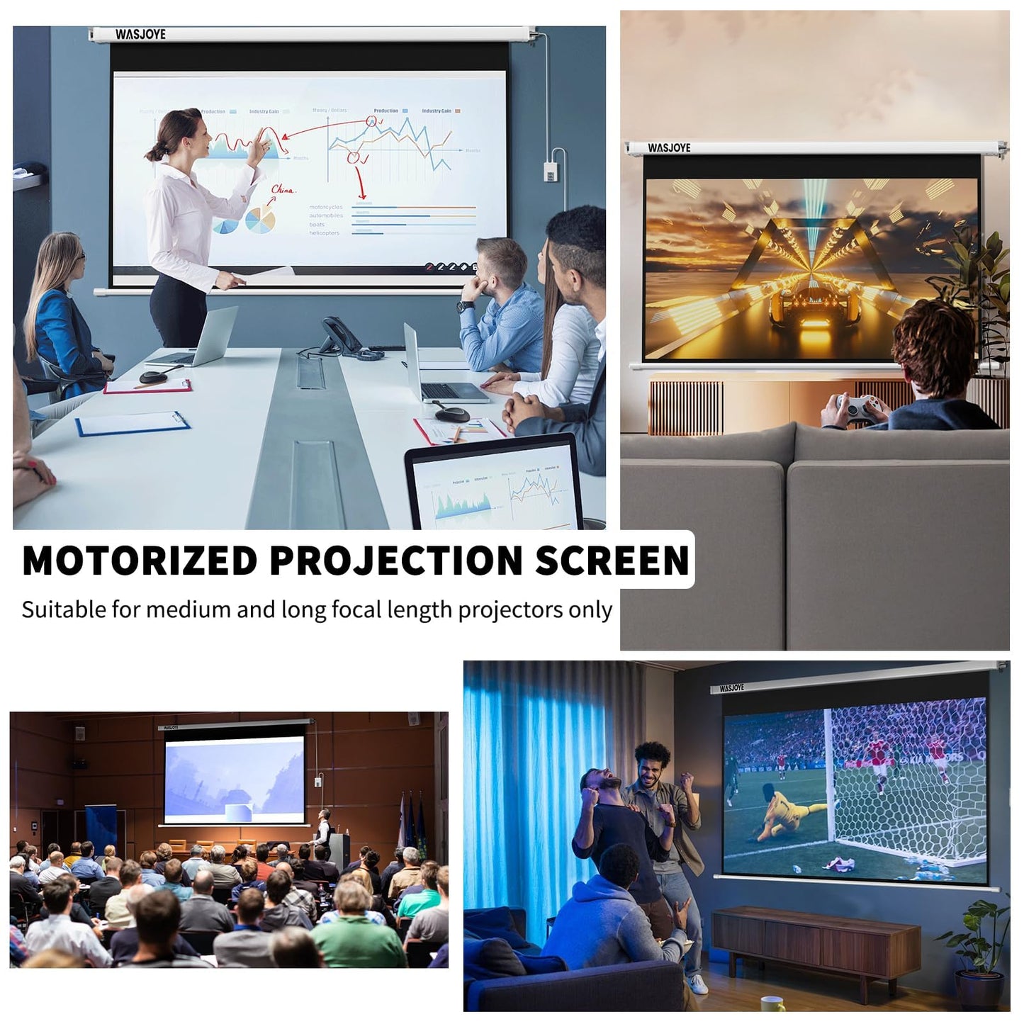 Motorised Projector Screen 150" - 16:9 Electric Projector Screen Wall/Ceiling Mount with Remote Control - 8K HD Projection Screen Dual Side Power Supply for Home Theater Office TV Game