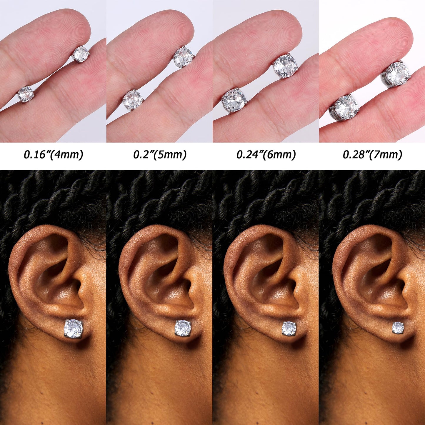 MILACOLATO 4 Pairs Stainless Steel Magnetic Stud Earrings for Men Women Round/Square CZ Inlaid Magnetic Earrings Non-Piercing CZ Clip On Stud Earring 3 Colors 4-7mm