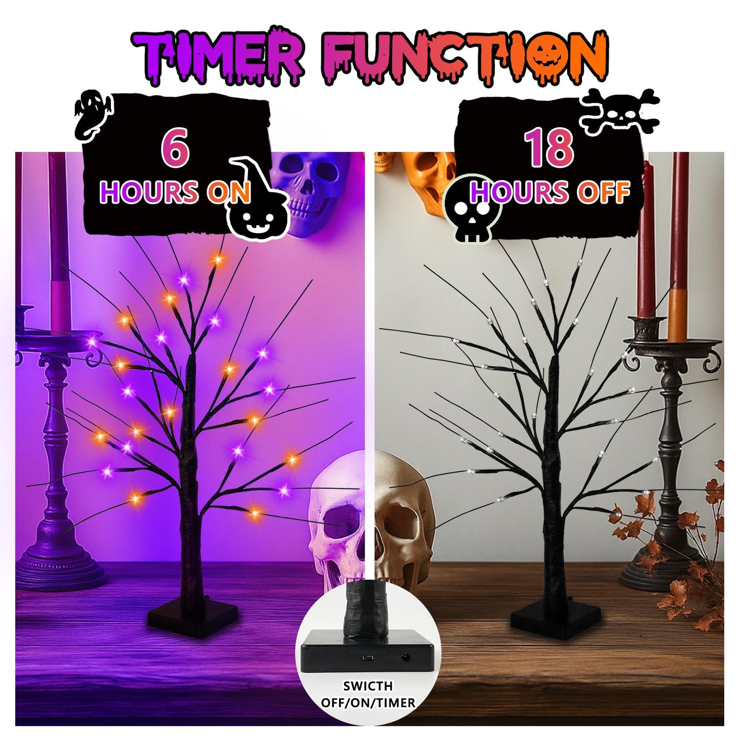 Halloween Decorations Indoor, 2-Pack 2FT Lighted Black Halloween Tree with 48 LED Orange & Purple Lights, Timer Function Battery Operated Halloween Trees Lights Spooky Tree for Tabletop Home Party
