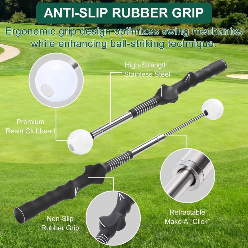 exsulity Retractable Golf Swing Training Aid, Golf Grip Trainer Right Hand, Rhythm Click Sound Telescopic Warm Up Golf Swing Trainer for Indoor & Outdoor Practice