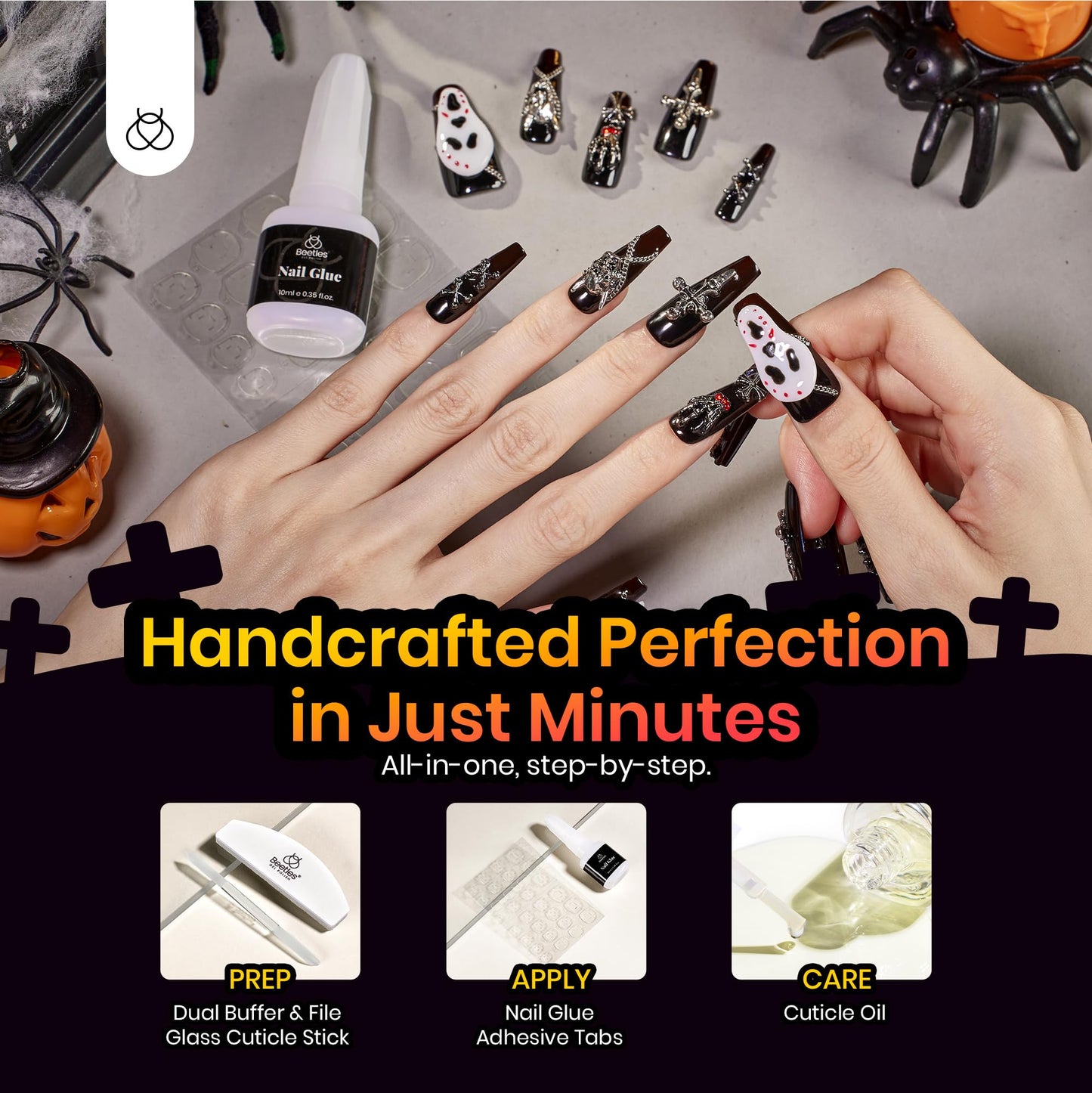 Beetles Halloween Press On Nails - Mystic Glow | Black Long Coffin Halloween Nails | 32Pcs 16 Sizes 3d Skull Cross Design Stick on False Nails With Quick-drying Nail Glue&Cuticle Oill