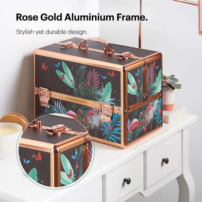 Beautify Make Up Vanity Case, Travel Jungle Print 3 Tier Makeup Box w/Extendable Trays, Spacious Storage & Removable Dividers to Create Compartments, Lockable Makeup Vanity Case for Professionals