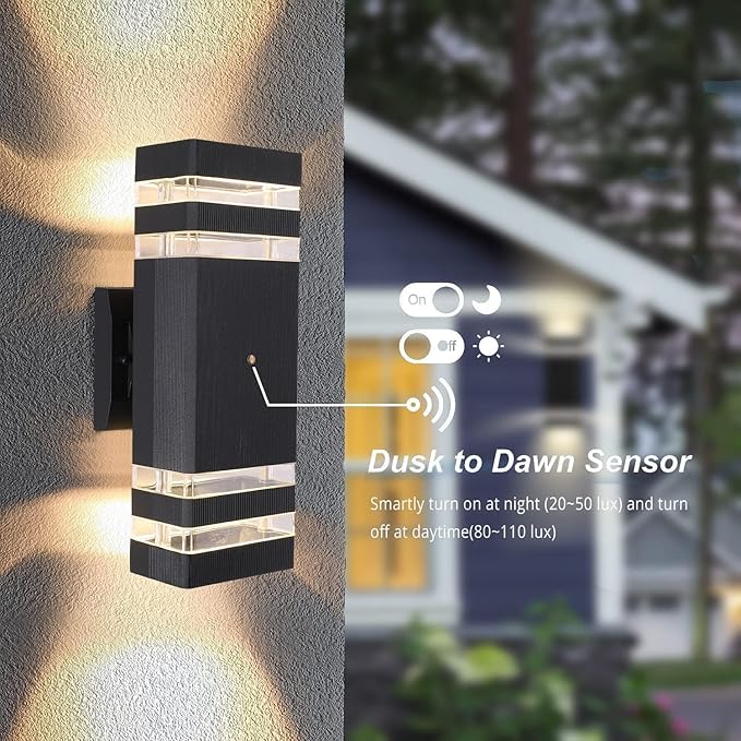 Outdoor Wall Lights with Dusk to Dawn Sensor, Up Down Exterior Lighting Fixtures Wall Mount, LED Square Porch Wall Sconce Black Front Door Wall Lamps for Hallway Patio Garage 3 Pack