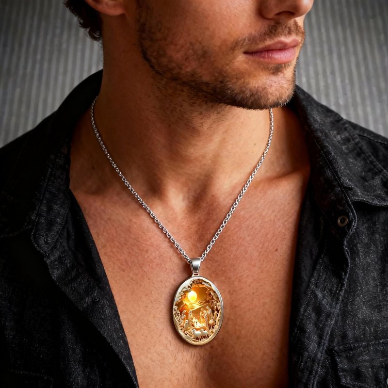 Men’s Artistic Pendant Necklace with Chain Vintage Style Statement Jewelry, Yellow