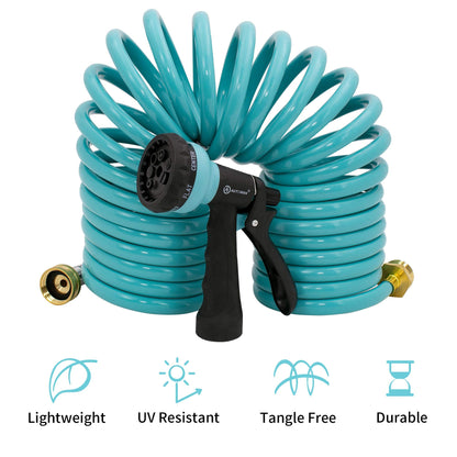 AUTOMAN EVA Recoil Garden Hose 25ft - Includes 7 Pattern Spray Nozzle,Curly Water Hose 25 Foot,Watering Coil,Retractable,Corrosion Resistant Garden Coil Hose.