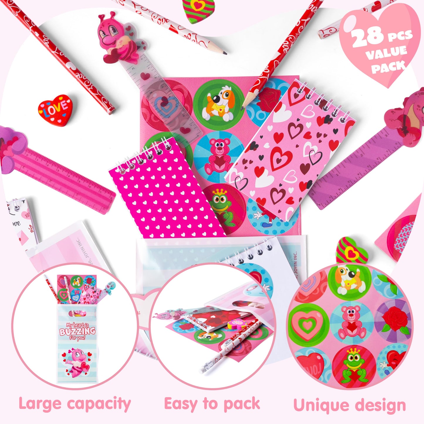 JOYIN 24packs Valentines Day Stationery Gifts, 96pcs Party Favor with Pencil, Erasers, Notebook & Bags for Kids School Classroom Exchange Supplies