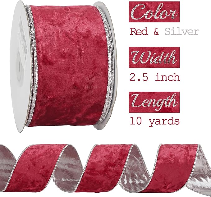 MEEDEE 2.5 inch Red and Silver Velvet Wired Ribbon 10 Yards Two Tone Velvet Christmas Ribbon for Christmas Tree, Garlands, Gift Wrapping, Wreaths, Bow Supply, Holiday Home Decor