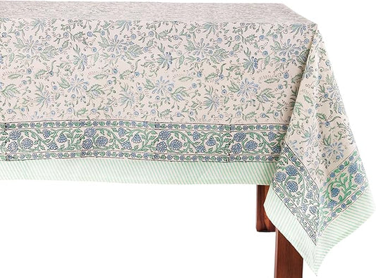 ATOSII Aster Blue 100% Cotton Fall Tablecloth, Handblock Floral Print Rectangle Linen for Kitchen Dining I Parties Weddings Christmas Thanksgiving Easter Outdoors I 72 X 108 Inches I 8 Seater Table