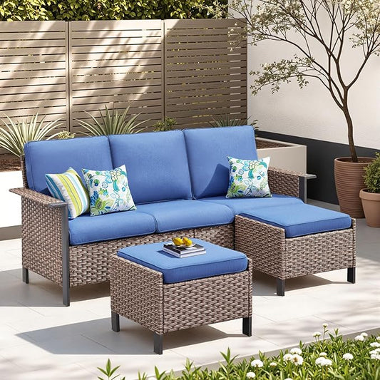 3 Pieces Patio Furniture Sofa Set-Outdoor Wicker Patio Furniture Covered Couch with Multifunctional Ottoman and High Back Outdoor Patio Conversation Set for Backyard Porch Garden Brown/Blue
