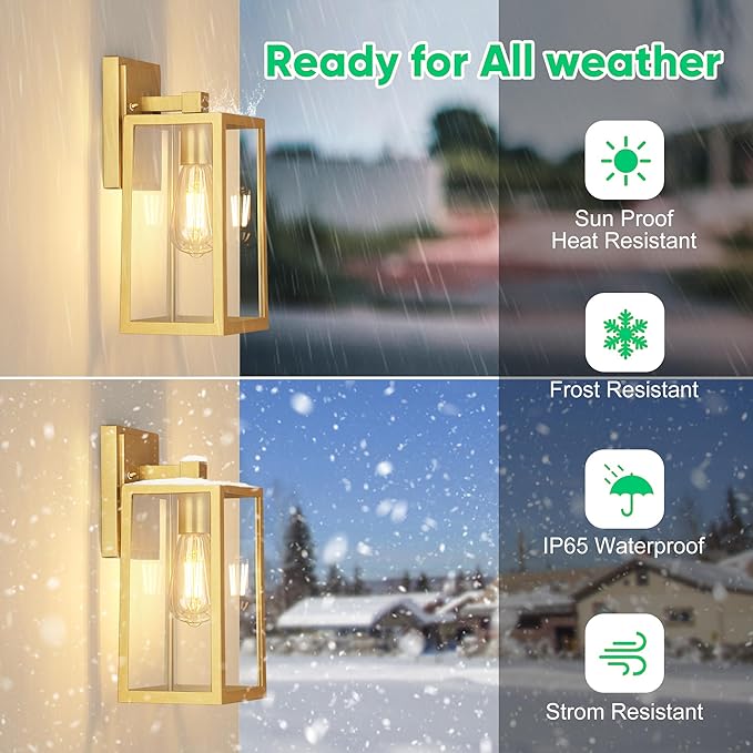 PARTPHONER Exterior Lighting Fixtures, Porch Light Outdoor, Waterproof Exterior Light Fixture, Anti-Rust Wall Sconce with Clear Glass and Aluminum for Garage, Doorway 2 Pack (Gold)