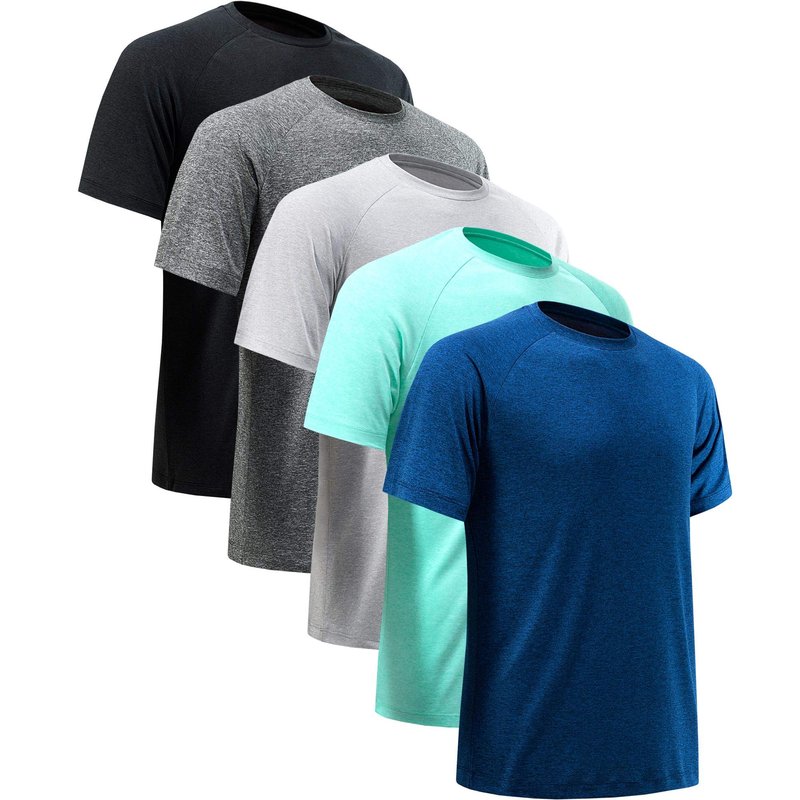 MCPORO Workout Shirts for Men Short Sleeve Quick Dry Athletic Gym Active T Shirt Moisture Wicking 5 Pack Black, Dark Grey, Light Grey, Dark Blue, Aqua Medium