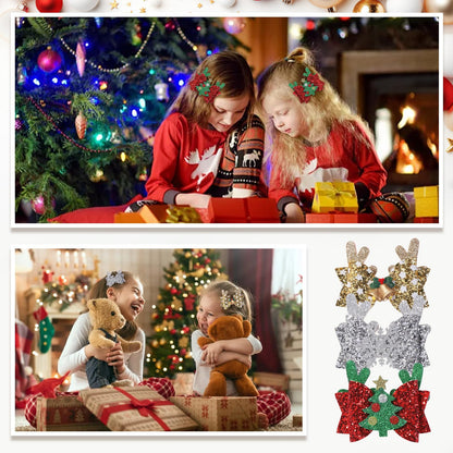 choicbaby 6pcs Christmas Hair Bows Clips 3" Glitter Sequin Baby Girl Hair Bows Christmas Tree Snowflake Bell Hair Accessories for Baby Girls Toddler Kids