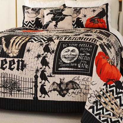 EVENHUG Halloween Quilt Set King Size Bedspread with Pillow Shams Festival Themed Bedding Sets Pumpkin Ghost Coverlet 4 Piece (104"x90")