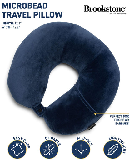 Brookstone Microbead Travel Head and Neck Pillow Lightweight and Plush with Phone or Headphone Pocket, Blue
