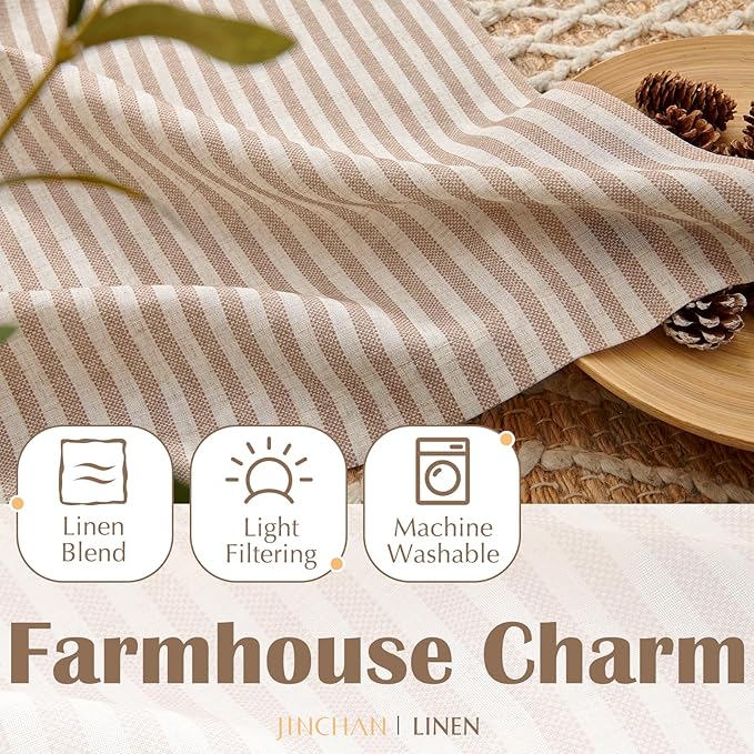 jinchan Striped Linen Kitchen Curtains 30 Inches Length Tier Curtains Farmhouse Modern Cafe Style Small Window Treatments Airy Light Filtering Rod Pocket for Living Room Bathroom 2 Panels Tan