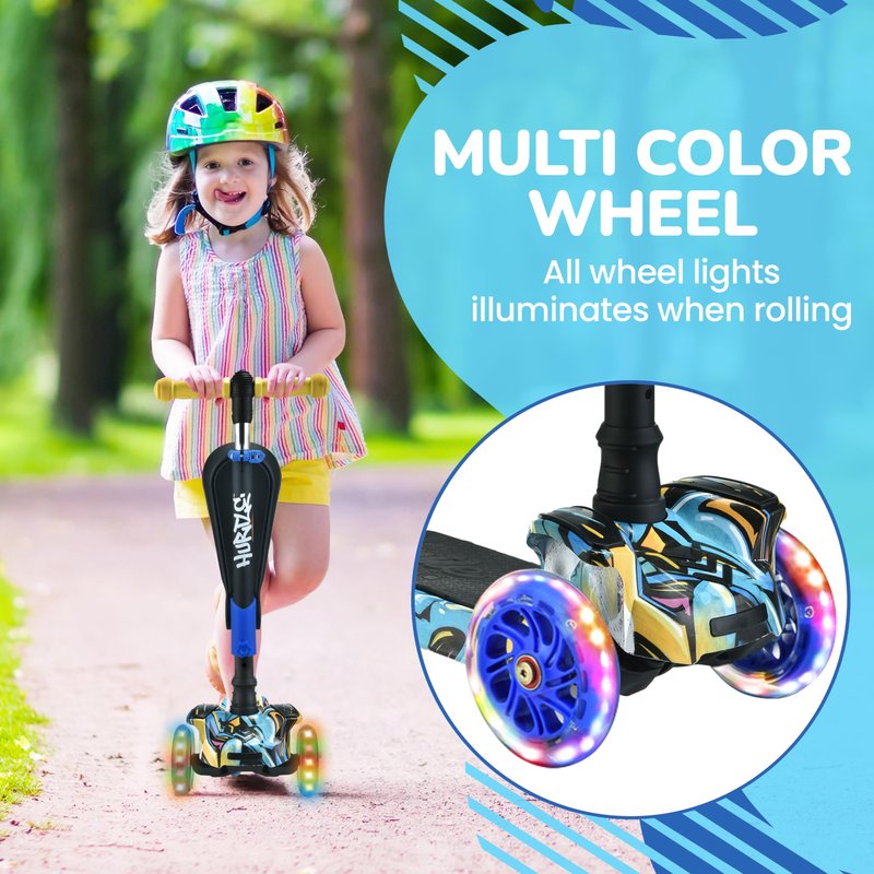 Hurtle ScootKid 3 Wheel Toddler Child Mini Ride On Toy Tricycle Scooter with Adjustable Handlebar, Foldable Seat, and Colorful LED Light Up Smooth Rolling Wheels, Graffiti