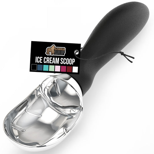 GORILLA GRIP BPA-Free Heavy Duty Ice Cream Scoop, Comfortable Ergonomic Handle, Professional Grade Scooper for Perfect Round Scoops, Spoon Frozen Hard Gelato, Sorbet, Cookie Dough, Kitchen Tool, Black