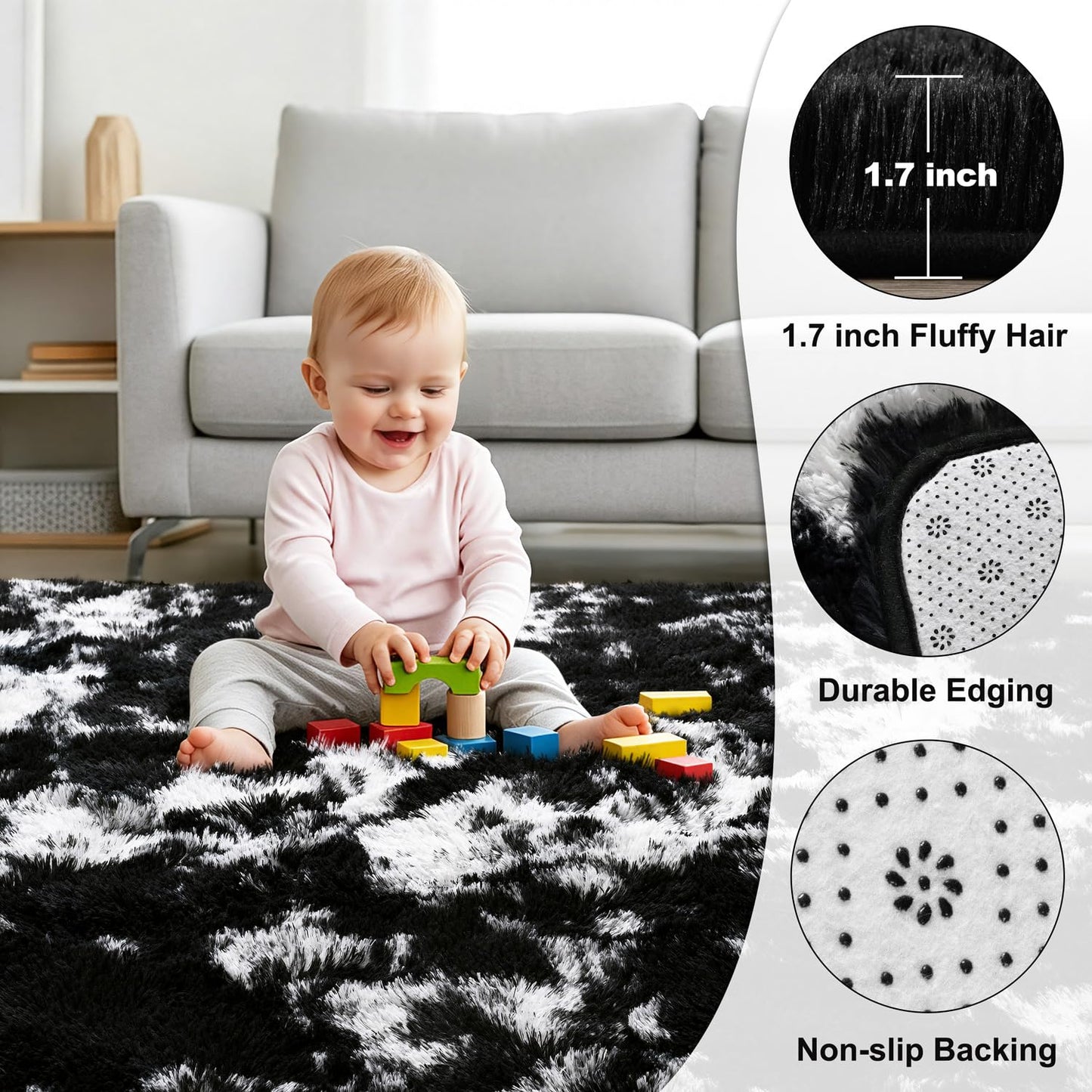KIXINWA Rug for Bedroom, 4x6 Area Rug for Living Room, Fluffy Carpet for Kids Nursery Dorm Room, Soft Shag Non Slip Floor Rugs, Home Décor Carpet, Machine Washable, Tie-Dyed Black and White