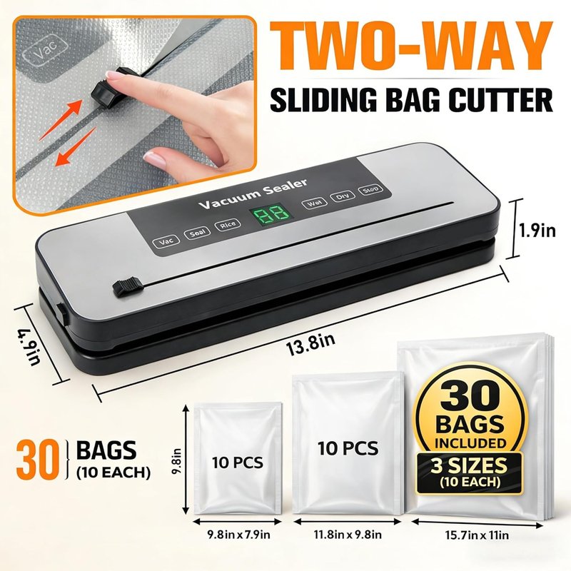 Vacuum Sealer Machine - 6-in-1 One-Touch Automatic Food Saver with Built-in Cutter | Dry & Wet Modes, Digital Timer, 30 Bags - Grey