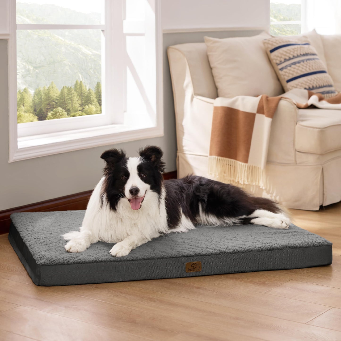 Bedsure Large Dog Bed Washable - Orthopedic Dog Bed and Mattress Mat for Dog Crate with Removable Plush Sherpa Cover, Gifts for Dog, Grey, 91x69x7.6cm