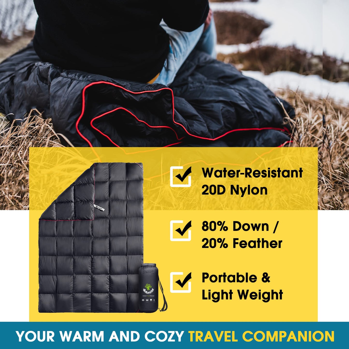 4Monster Down Camping Blanket - Outdoor Travel Quilt Puffy 650 Fill, Packable, Lightweight,Wind & Waterproof | Ideal for Stadium, Backpacking, Camping, Travel, Picnics, Beach and Hiking