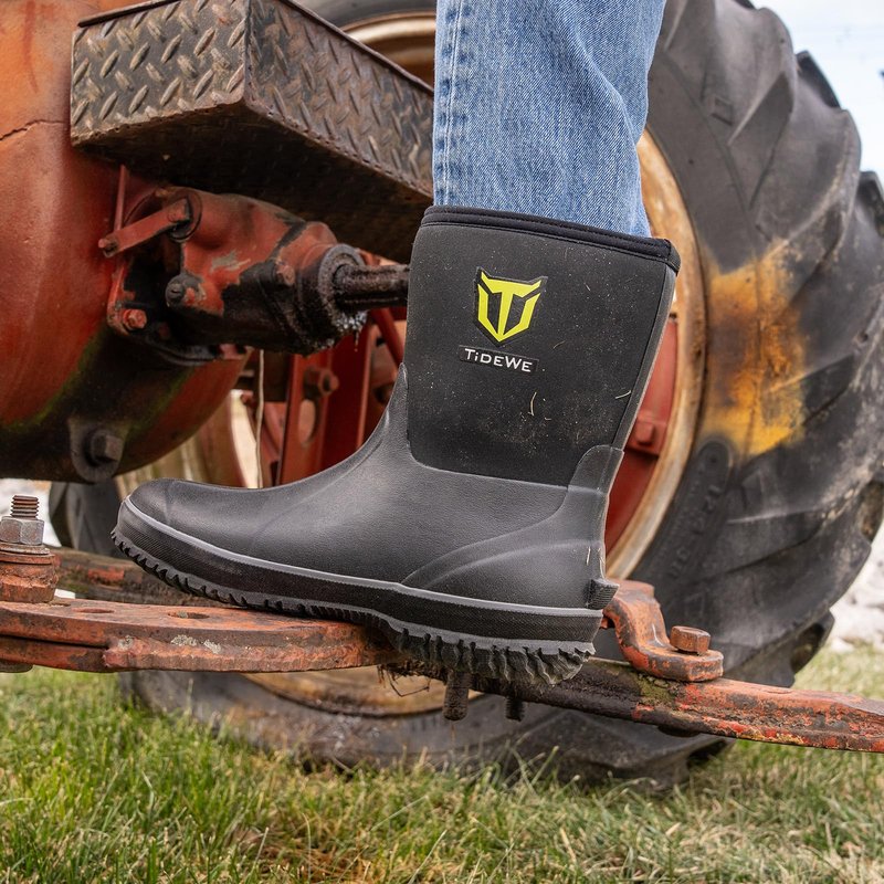 TIDEWE Rubber Boots for Men, 5.5mm Neoprene Insulated Rain Boots with Steel Shank, Waterproof Mid Calf Hunting Boots, Sturdy Rubber Work Boots for Farming Gardening Fishing (Black Size 7)