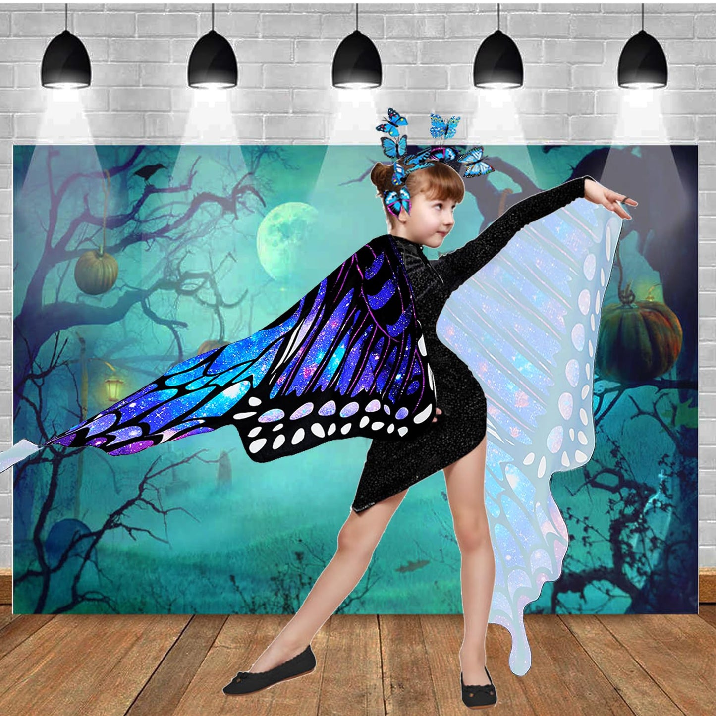 RekTak Butterfly Wings for Girls, Butterfly Costume for Halloween Party Kids Fairy Wing with Mask and Headband(Blue)
