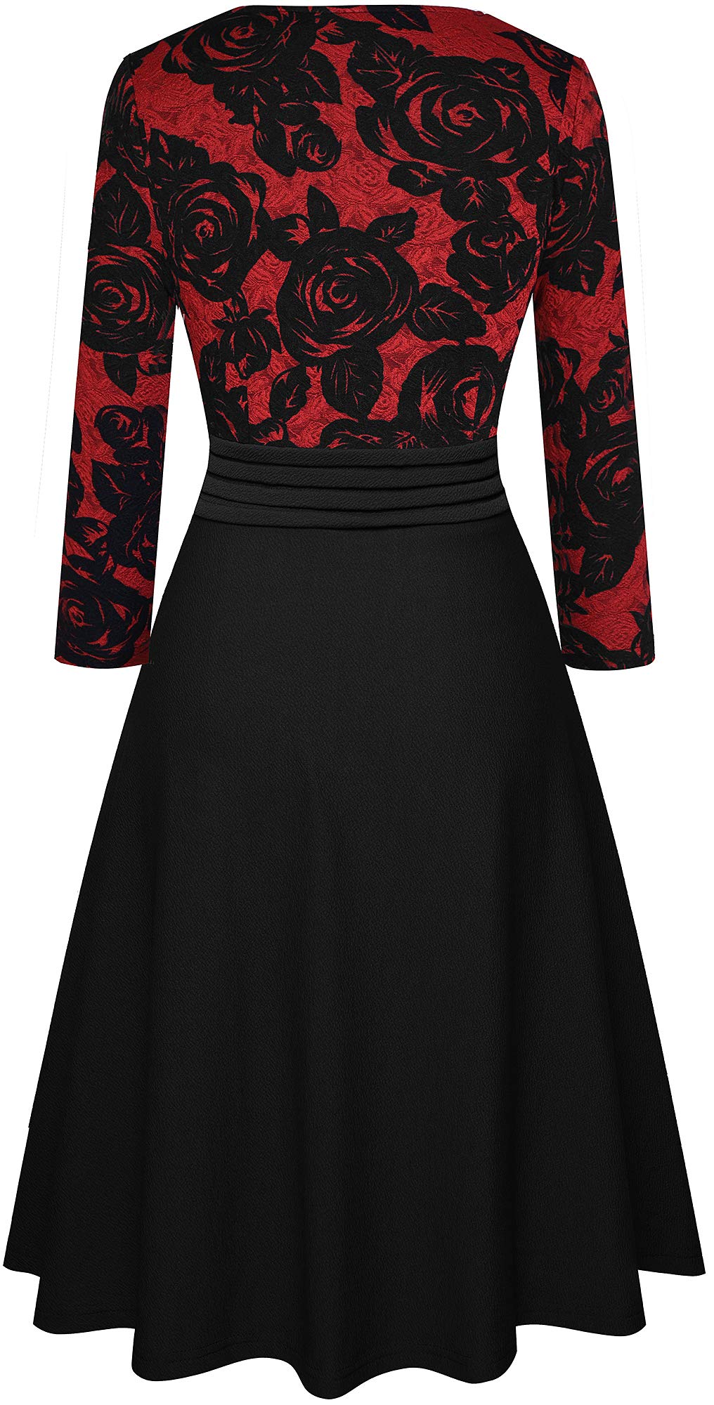 HOMEYEE Women's Chic V-Neck Lace Patchwork Flare Party Dress A062 (4, Red+Black Fabric B)