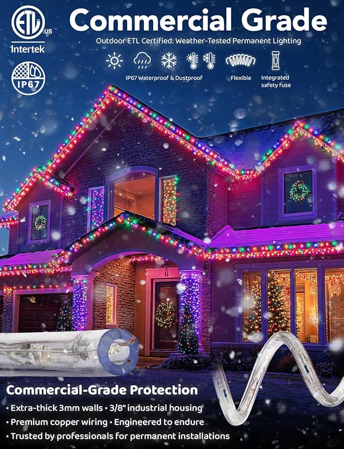 WYZworks 108LEDs 10ft LED Outside Rope Lights, Outdoor ETL Certified Waterproof Permanent 360 Degree Light Emitting, Flexible Tube, Connectable, Christmas Palm Tree Exterior Landscape, Colorful