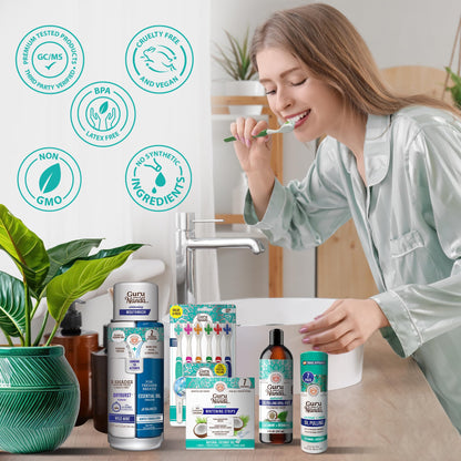 GuruNanda Total Smile Makeover Kit Regular with Cocomint Oil Pulling, Dual Barrel Whitening Mouthwash, Whitening Strips & Butter on Gums Toothbrushes