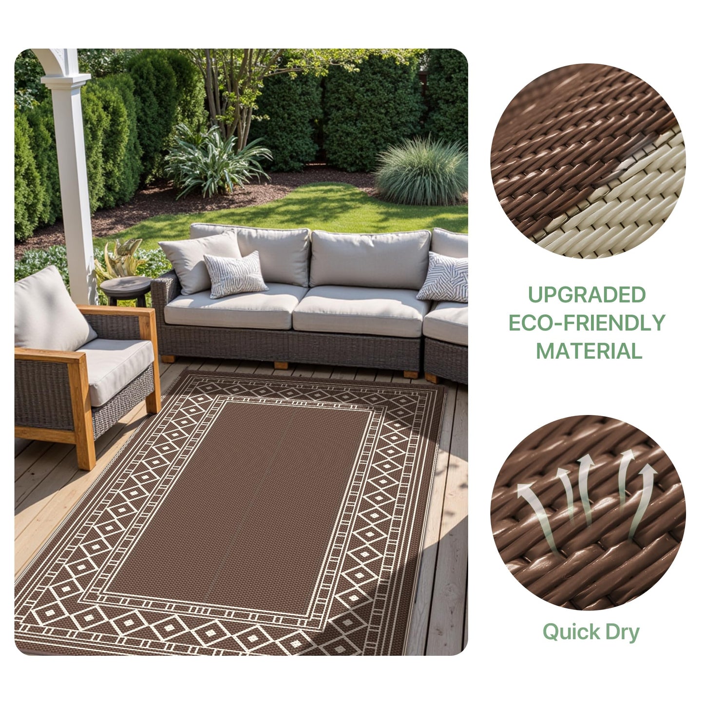 GENIMO Outdoor Rug Waterproof for Patio, 8'x10' Foldable Reversible Plastic Straw Carpet for Travel Trailers, Outside Area Mat for Rv, Deck, Picnic, Porch, Camper, Balcony, Beach, Coffee & Beige
