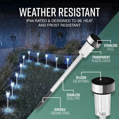 GloBrite Pack of 10 Solar Lights Outdoor Garden – Waterproof Stainless Steel LED Solar Garden Lights with Stake for Pathway, Driveway, Patio, Walkway, Lawn, Yard & Landscape Decoration