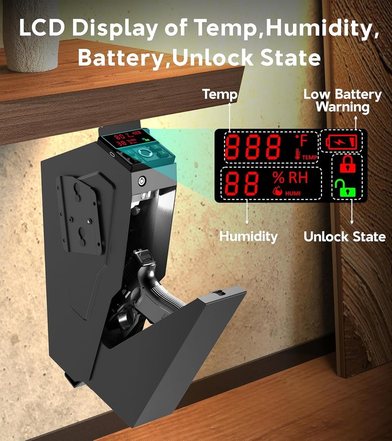 Handgun Safe - Quick-Access Mounted Nightstand Pistol Safe with Biometric Lock | Auto Open Lid, Secure Storage