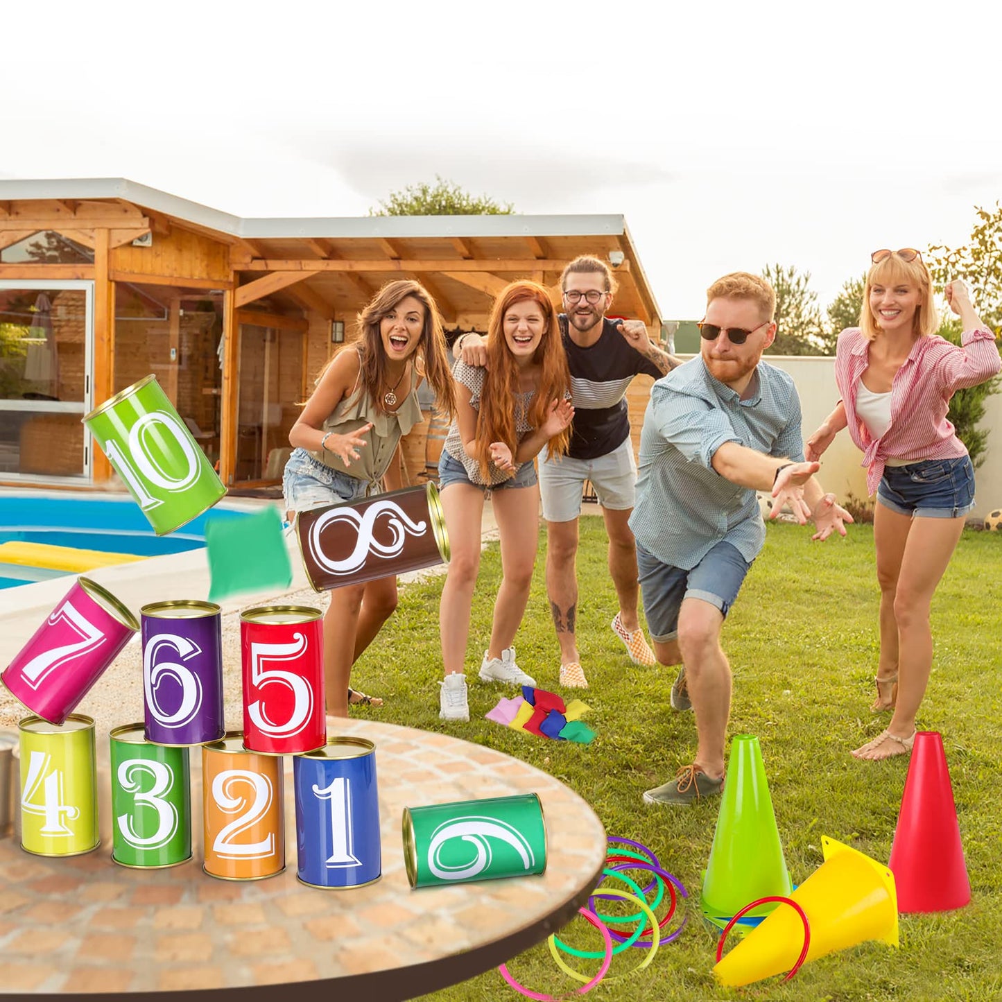 Waenerec 36PCS Carnival Games Combo Set 4 in 1 Bean Bag Toss Can Games Plastic Cone Ring Toss Game for Indoor Outdoor School Field Day Birthday Party Yard Game for Kids Adults