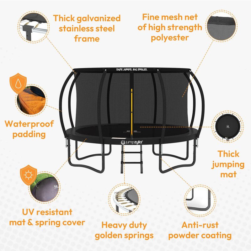 JUMPZYLLA Trampoline Outdoor 8FT 10FT 12FT 14FT 15FT 16FT with Enclosure and Ladder, ASTM Approved Recreational Trampoline for Kids and Adults, Anti-Rust Coated Frame (Yellow, 10FT)