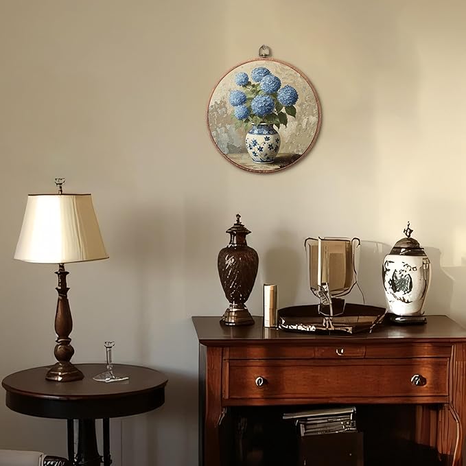 Threegoat Chinoiserie Spring Floral Framed Round Wall Art,Blue and White Hydrangea Flowers Wall Art Decor for Bedroom,Vintage Wall Hanging Decor for Grand Millenial Grandmillennial Home - A09