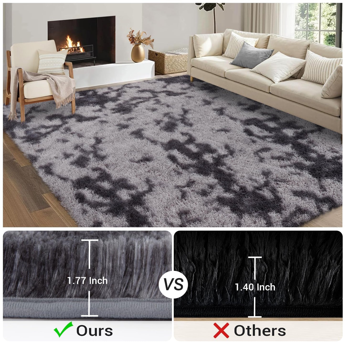 Garvee 6'x9' Large Fluffy Tie-Dye Shaggy Area Rug for Living Room, Soft Fuzzy Plush Rug for Dining Room & Playroom, Aesthetic Carpet, Non-Shedding, Machine Washable, Tie-Dyed Dark Grey